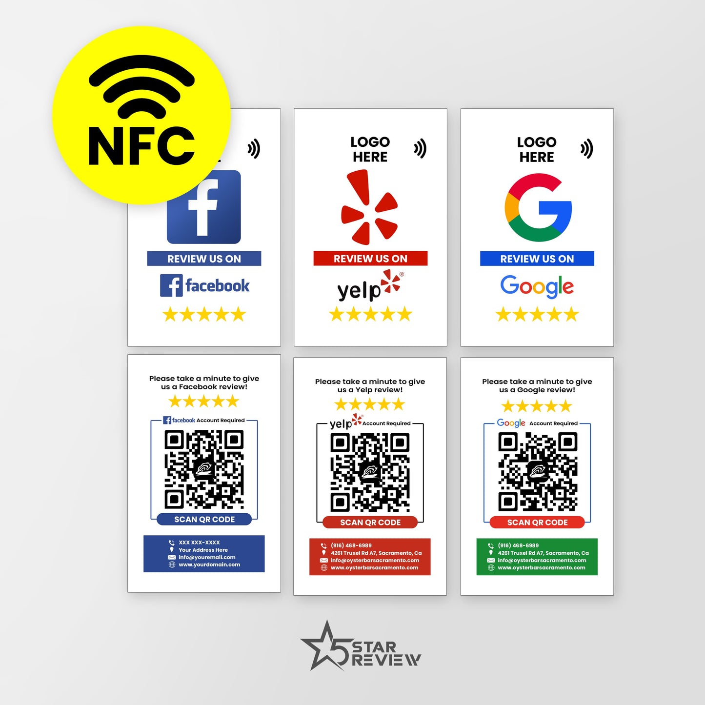 Custom NFC/QR Tap Cards Complete Set for Google / Yelp / Facebook - COMPLETE SET